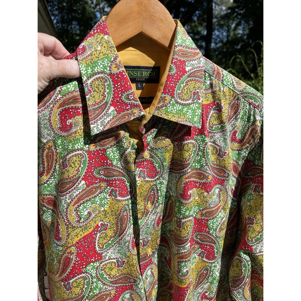 Inserch Multicolor Paisley Long Sleeve Shirt 100% Cotton 2-Ply Satin Mens Large